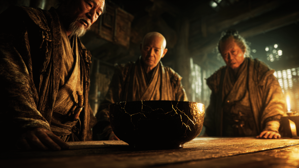 Cinematic depiction of 15th-century Japanese craftsmen presenting a black ceramic tea bowl repaired with bright Kintsugi gold, emphasizing value created from historical fracture.