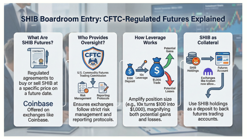 Infographic explaining how leverage works in crypto futures trading with gains and losses examples for SHIB institutional futures
