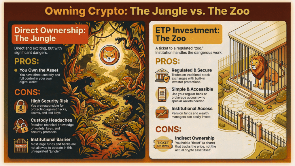 Comparison diagram of direct crypto ownership vs regulated ETP investment for institutional SHIB access